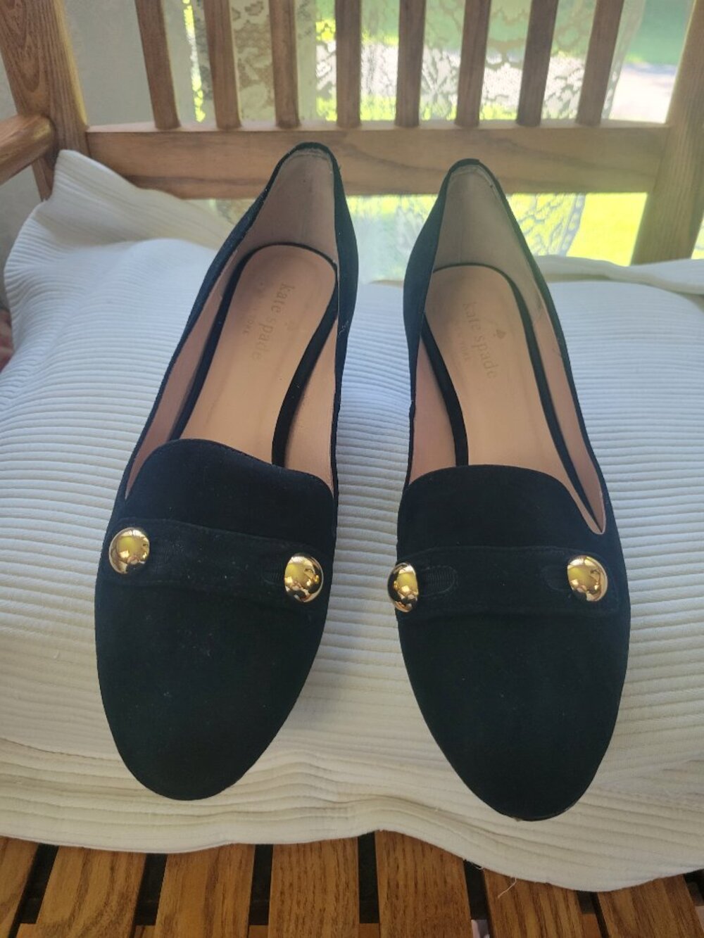 Kate Spade New York Black Suede Block Heel Loafer Pumps Gold Sz 8 - Picture 2 of 7